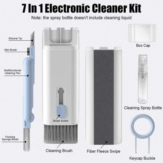 7-in-1 electronic cleaner kit with labeled components on a white background