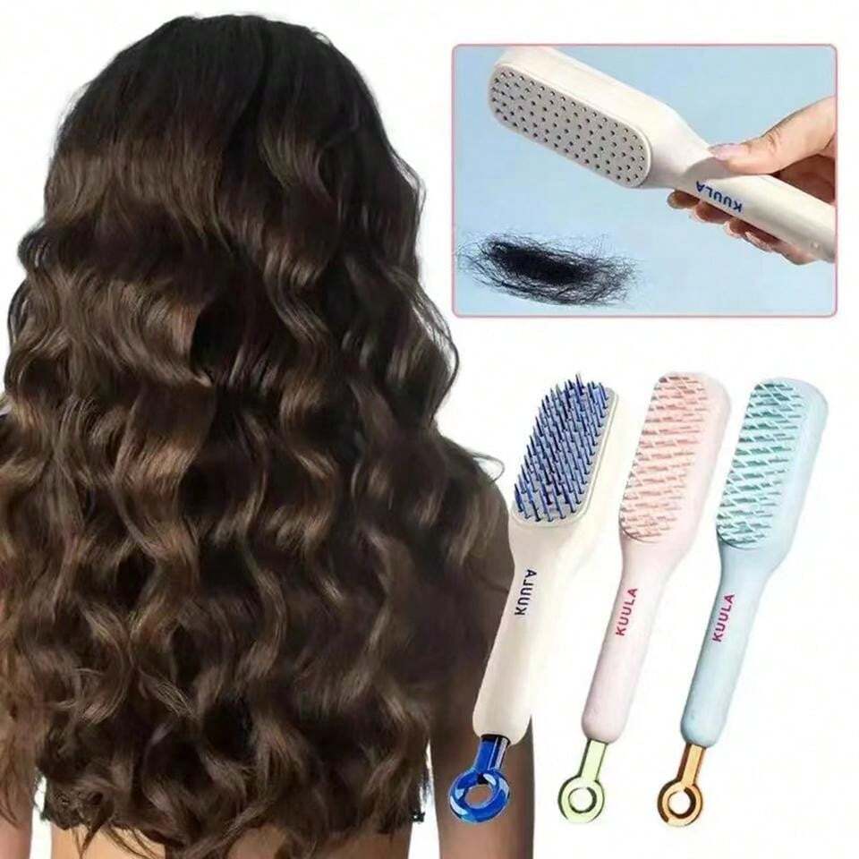 Hairbrush with bristle design, hairbrushes in different colors, and a person with wavy hair.