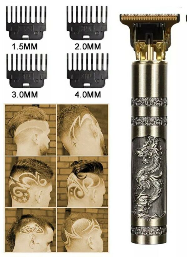 Hair trimmer with dragon design and interchangeable attachments on a white background