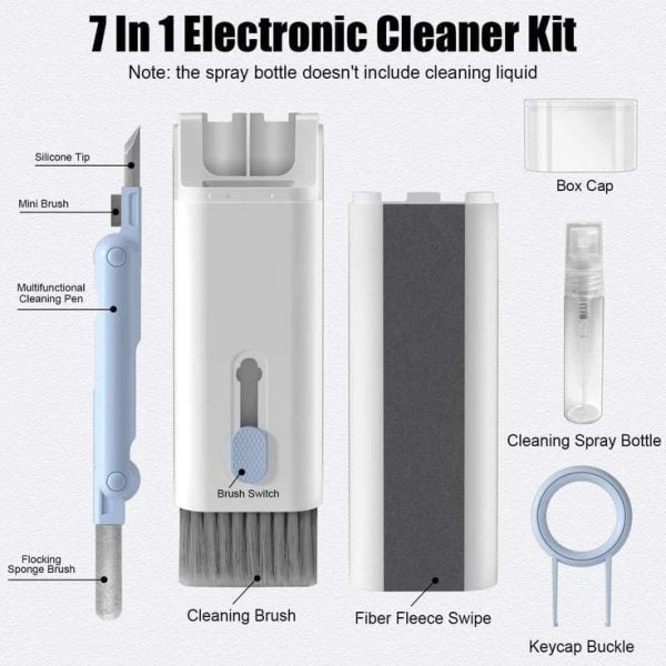 7-in-1 electronic cleaner kit with labeled components on a white background