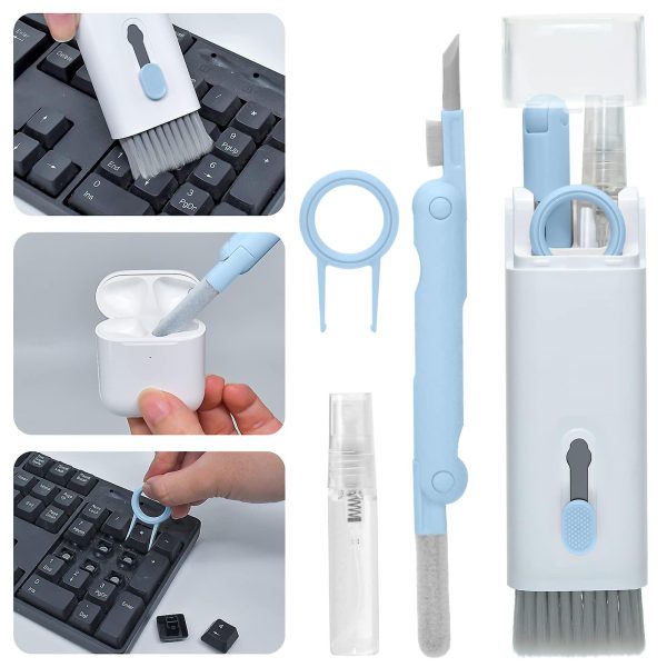 Collage of a computer cleaning tool set with various components on a white background.