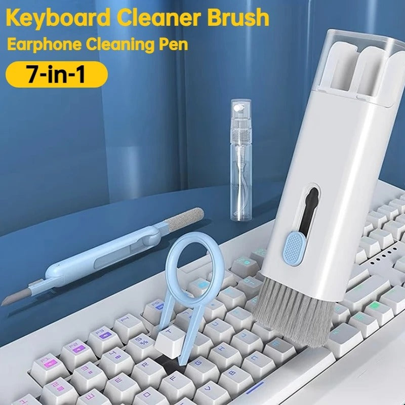 7-in-1 keyboard cleaner brush and earphone cleaning pen on a blue background