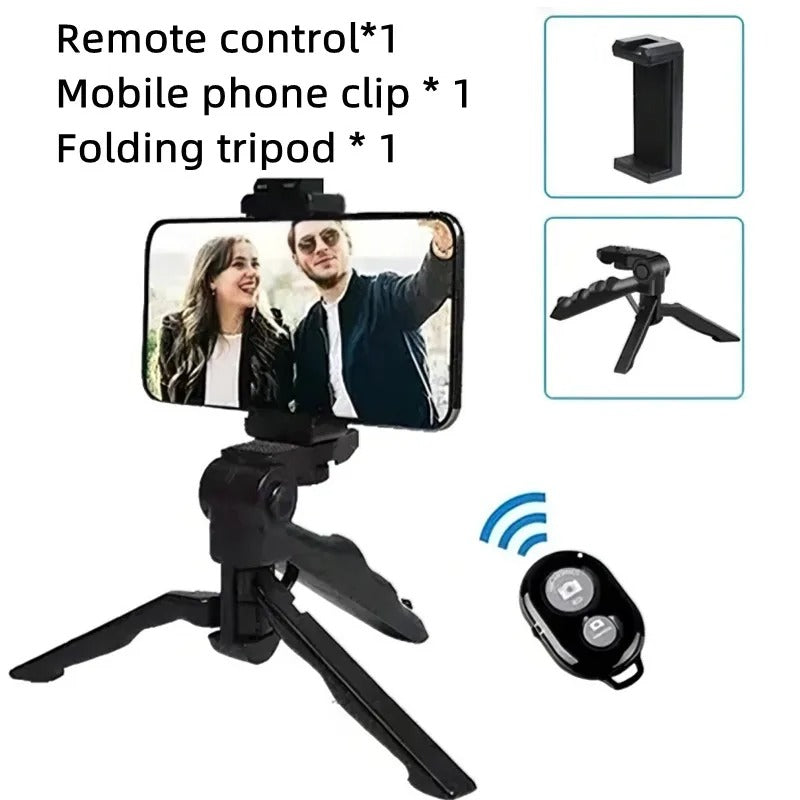 Phone holder with remote control, mobile phone clip, and folding tripod on a white background