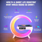Multifunctional device with colorful LED ring, digital display, and various features on a purple background