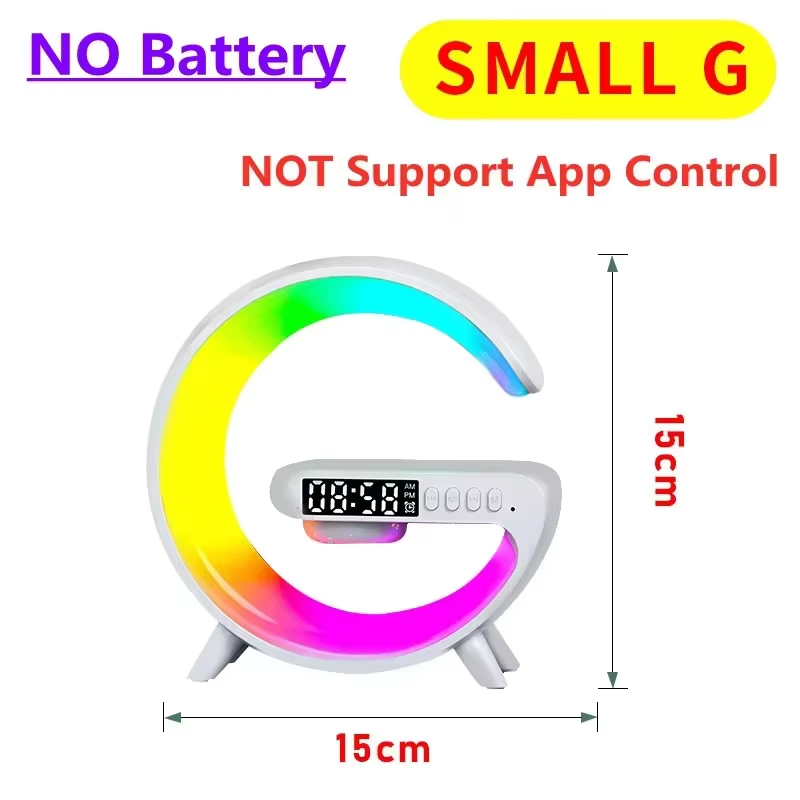 Colorful LED clock with dimensions and text indicating battery status and app control support on a white background.
