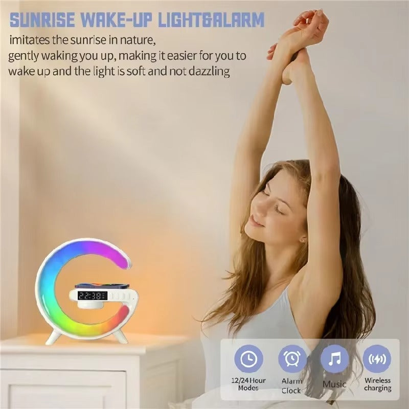 Woman stretching next to a sunrise wake-up light alarm clock in a bedroom setting.