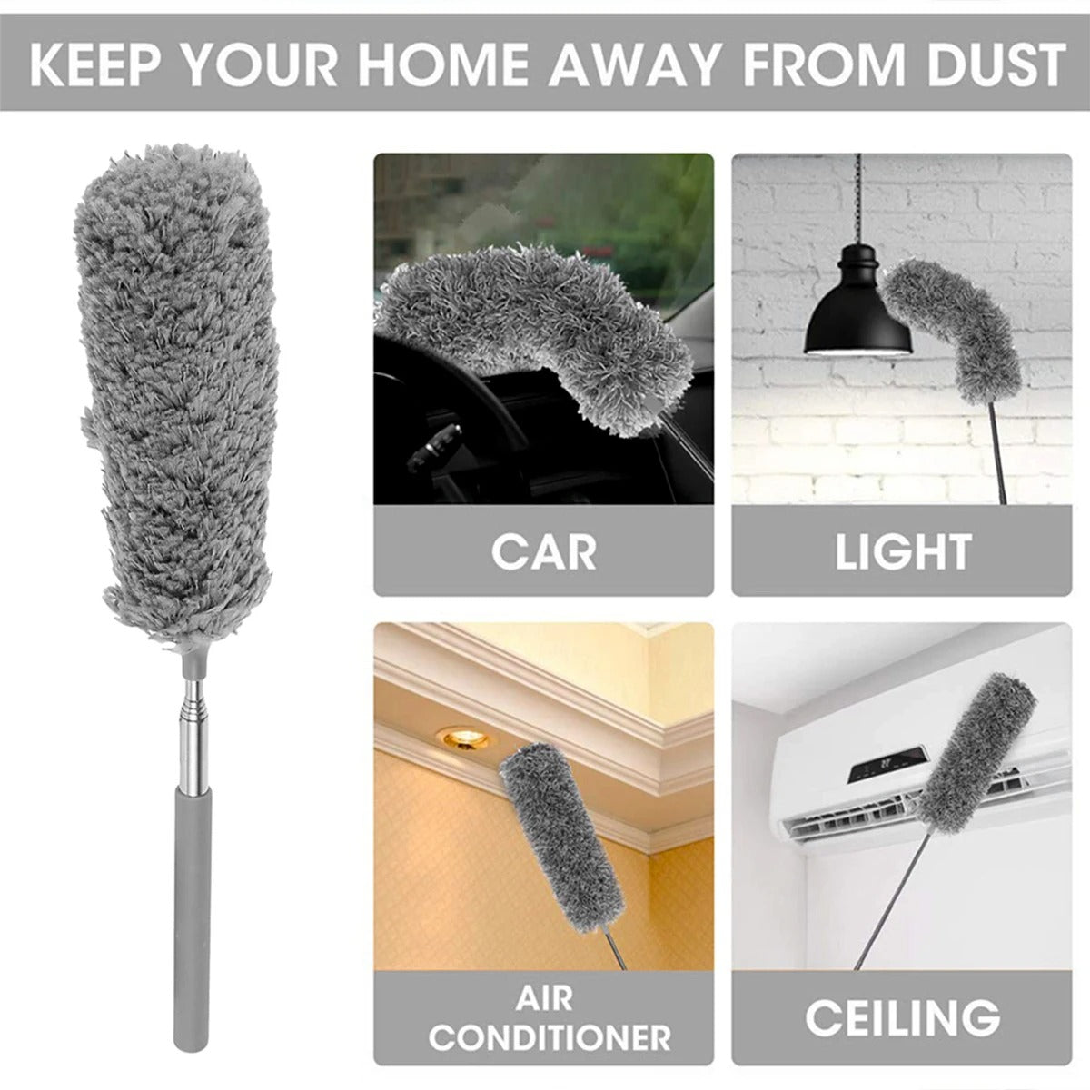 Gray feather duster with cleaning applications on a white background