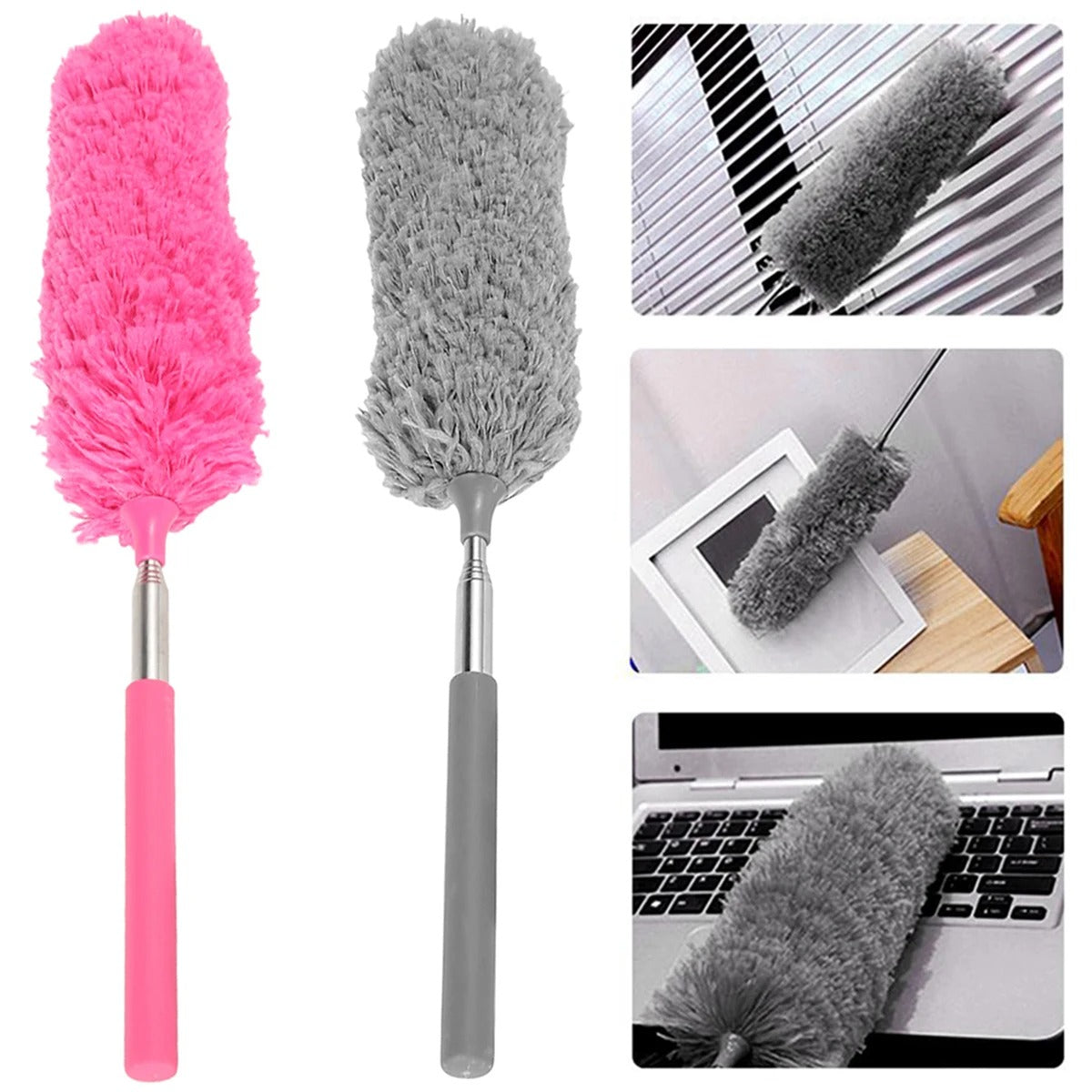 Two feather dusters, one pink and one gray, with images of their use on a white background.