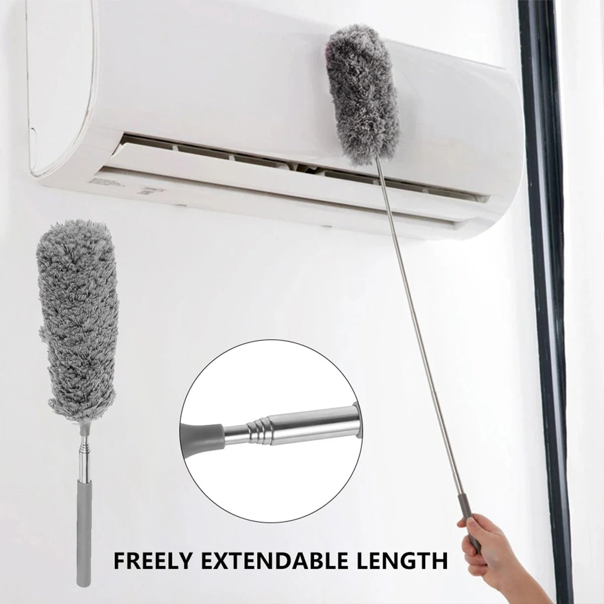 Cleaning tool with extendable handle cleaning an air conditioner, showing freeness of movement.