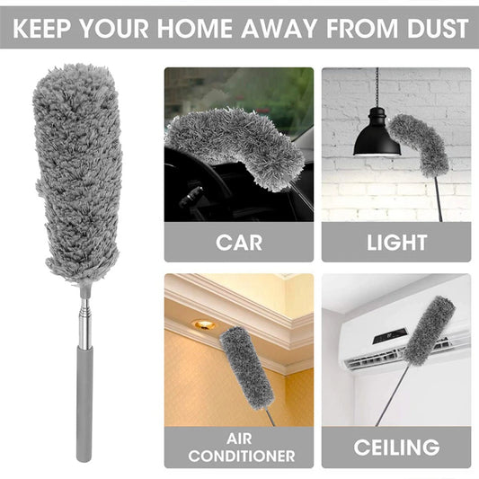 Gray feather duster with cleaning applications on a white background