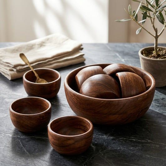 Handcrafted Wooden Serving Bowl Set (1 Large + 6 Small Bowls)