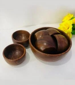 Handcrafted Wooden Serving Bowl Set (1 Large + 6 Small Bowls)