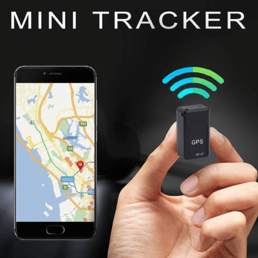 Mini GPS tracker held by a hand with smartphone displaying map and GPS signal icon.