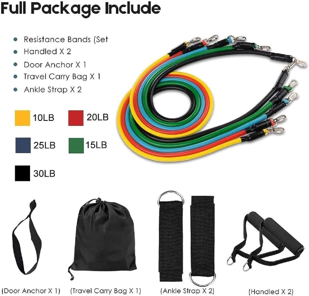 11pcs Resistance Band Set-Adjustable Fitness & Home Gym-Yoga Sports Workout Bands (100 lbs)