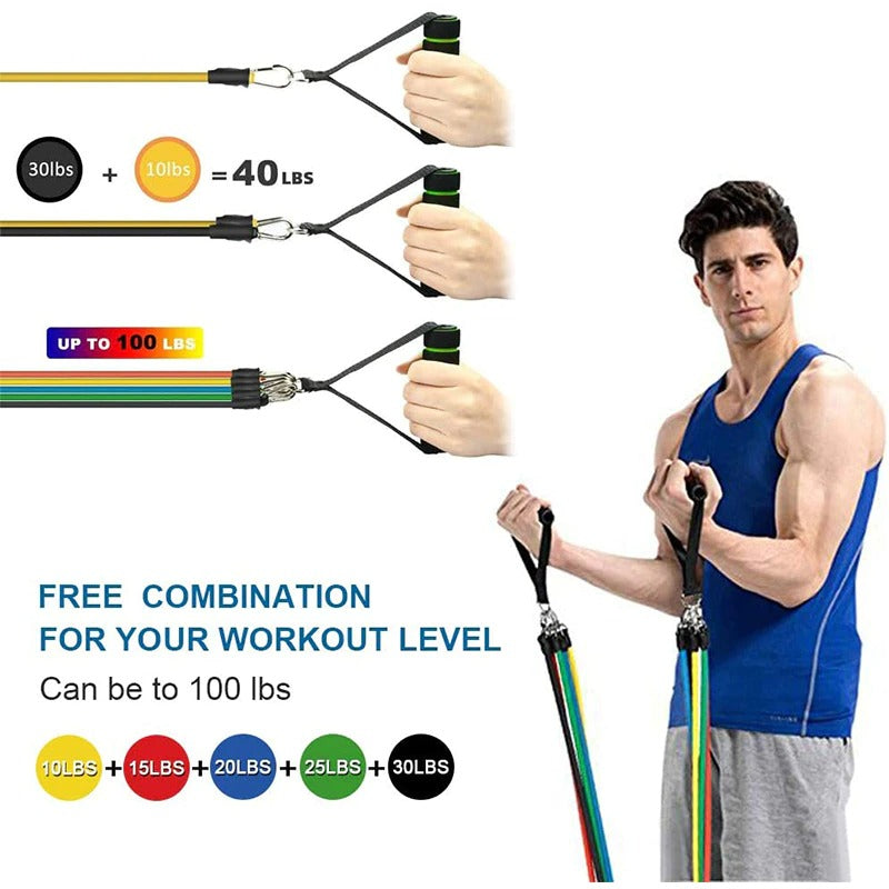 11pcs Resistance Band Set-Adjustable Fitness & Home Gym-Yoga Sports Workout Bands (100 lbs)