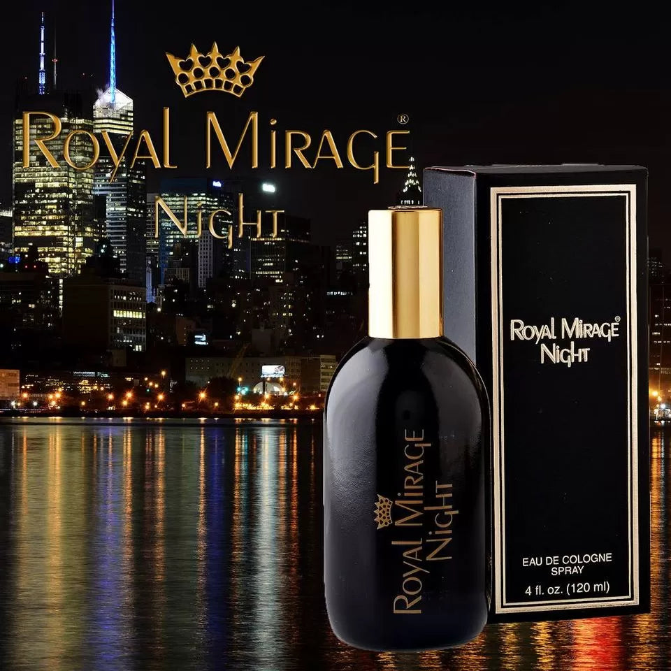 Royal Mirage Night cologne bottle and packaging with a cityscape background