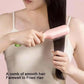 Person using a comb on smooth hair with a pink background