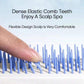 Blue comb with dense elastic teeth being used on a scalp, against a light blue background.