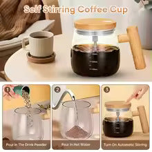 Self-stirring coffee cup with brewing process shown