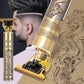 Gold and silver hair trimmer with detailed design, man with styled haircut in the background