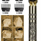 Hair trimmer with dragon design and interchangeable attachments on a white background